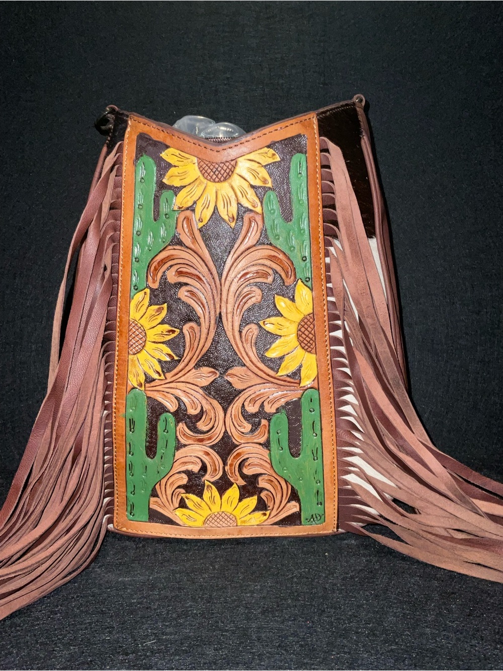 American Darling brand. Sunflower & Cactus Tooled Leather Fringe Crossbody